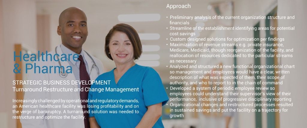 Healthcare Turnaround Restructure and Optimization Healthcare Facility  An American healthcare facility was experiencing diminishing profits and on the verge of bankruptcy  A turnaround solution was needed to restructure and turn the facility around. 	•	Preliminary analysis of current organization structure and financials 	•	Maximization of revenue streams e.g. private insurance, Medicare, Medicaid, though reorganization of the facility 	•	Streamlined the establishment finding and restructuring areas of cost savings 	•	Analyzed and restructured a new functional organizational chart so management and employees would have a clear, written description of what was expected of them and to reflect the “NEW” functional organization’s lines of responsibility, accountability, and authority  	•	Developed a system of periodic employee review so employees understand their supervisor’s view of their performance inclusive of progressive discipline reporting 	•	Management chain of command modified for optimization, and reporting procedures created and installed 	•	Produced savings for the facility in excess of 200% of project costs