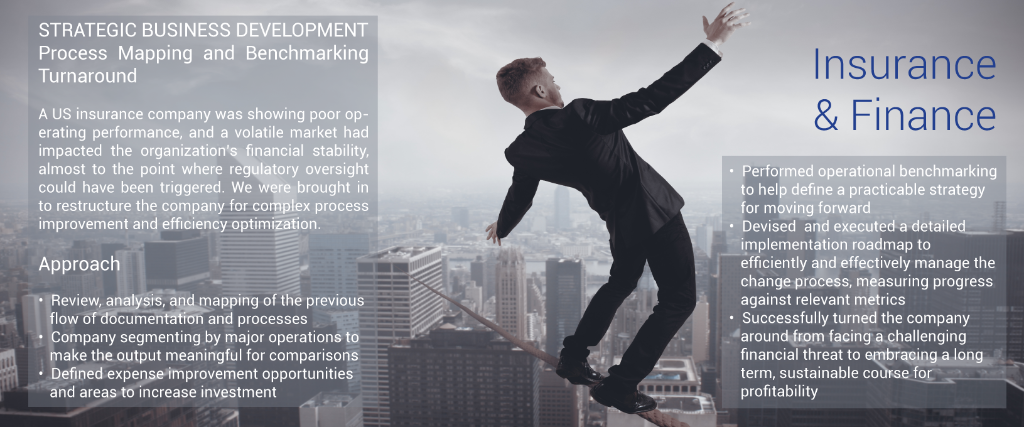 STRATEGIC BUSINESS DEVELOPMENT Process Mapping and Benchmarking  An American insurance company requested restructuring for complex process improvement and efficiency  optimization.  Approach 	 •  Review, analysis, and mapping of the previous flow of     documentation and processes •  Company segmenting by major operations to make the     output meaningful for comparisons •  Defined expense improvement opportunities and areas     to increase investment •  Performed operational benchmarking to help define a     practicable strategy for moving forward •  Devised  and executed a detailed implementation     roadmap to efficiently and effectively manage the     change process, measuring progress against     relevant metrics